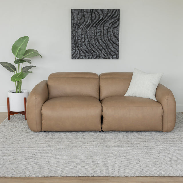 canape en cuir beige clair design moderne avec coussin creme et plante verte sur tapis clair.