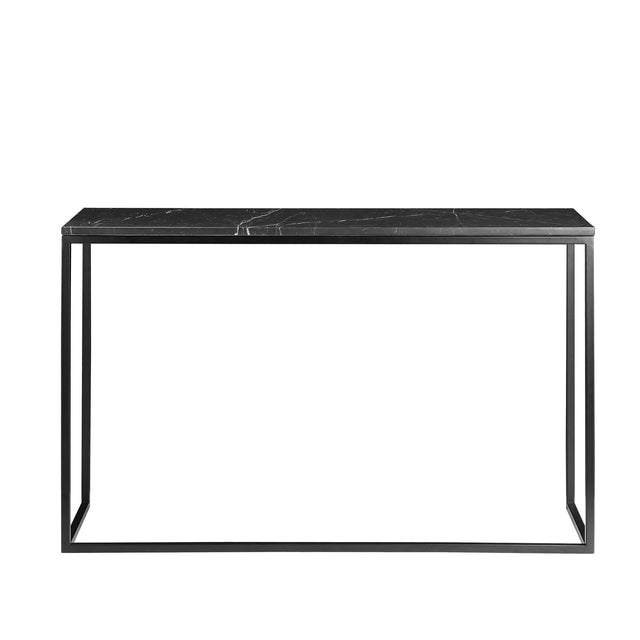 Console noire effet marbre avec structure fine en metal noir au design moderne.