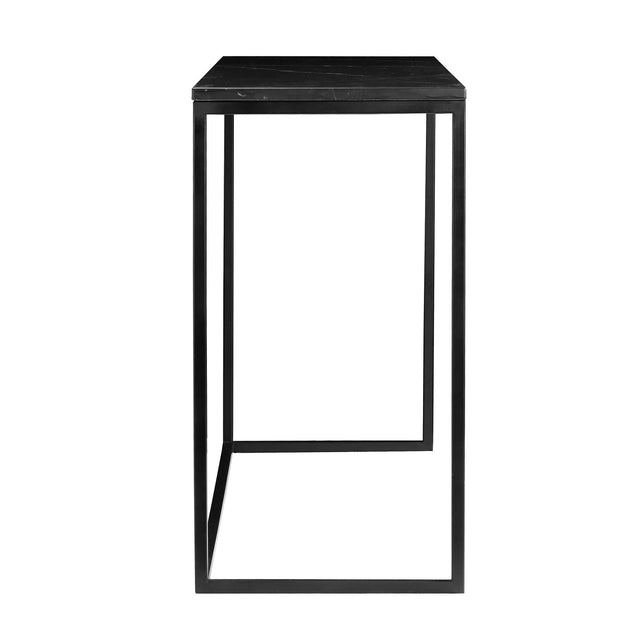 Console moderne noire effet marbre avec structure metal minimaliste vue de cote.