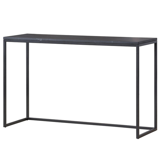 Console rectangulaire noir effet marbre avec structure fine en metal noir moderne.