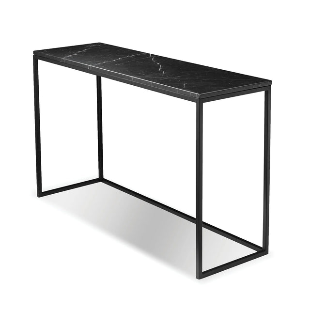 Console noire effet marbre avec structure fine en metal noir au design moderne.