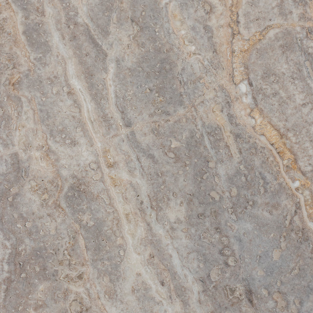 Texture de plateau en pierre naturelle beige grisee avec veines minerales apparentes.