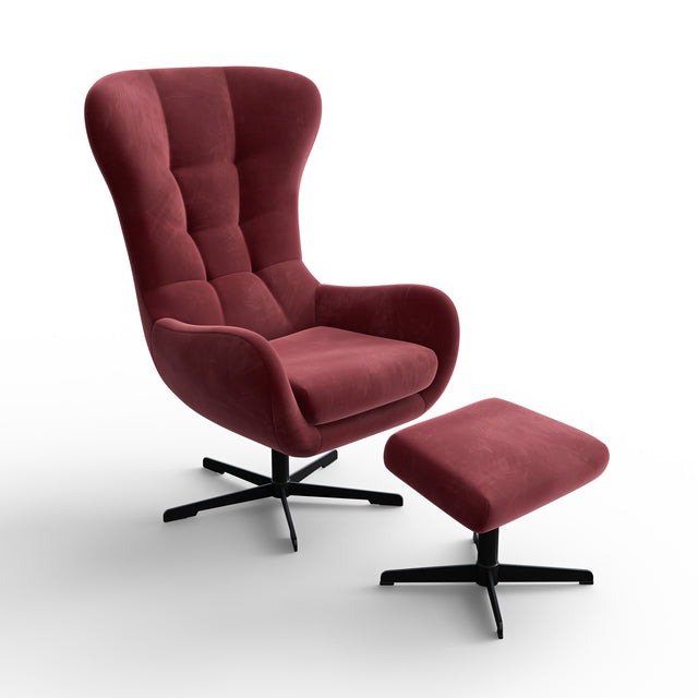 Fauteuil pivotant rouge avec repose-pieds, design moderne, dans un salon lumineux.