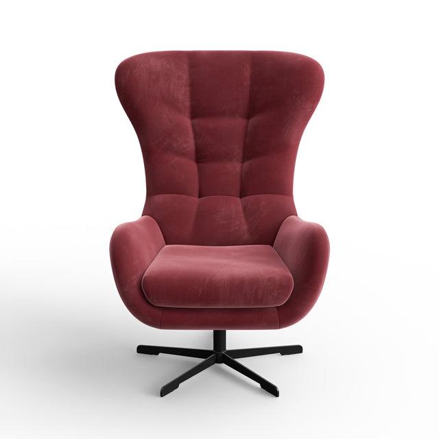 Fauteuil pivotant rouge avec repose-pieds, design moderne, dans un salon lumineux.
