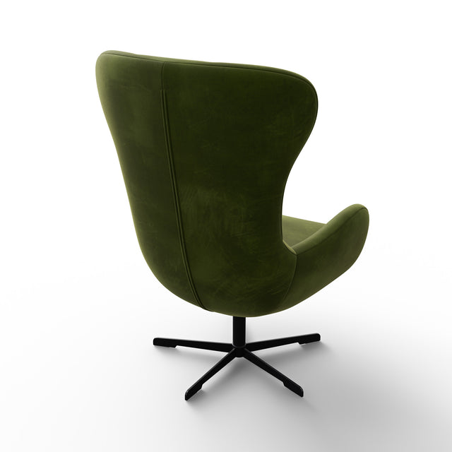 Fauteuil pivotant vert avec repose-pieds assorti, design moderne sur fond neutre pour présentation produit.