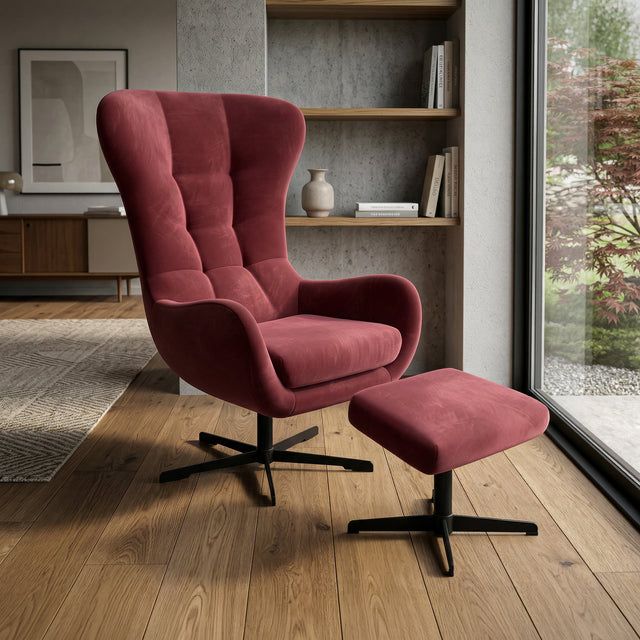 Fauteuil pivotant rouge avec repose-pieds, design moderne, dans un salon lumineux.