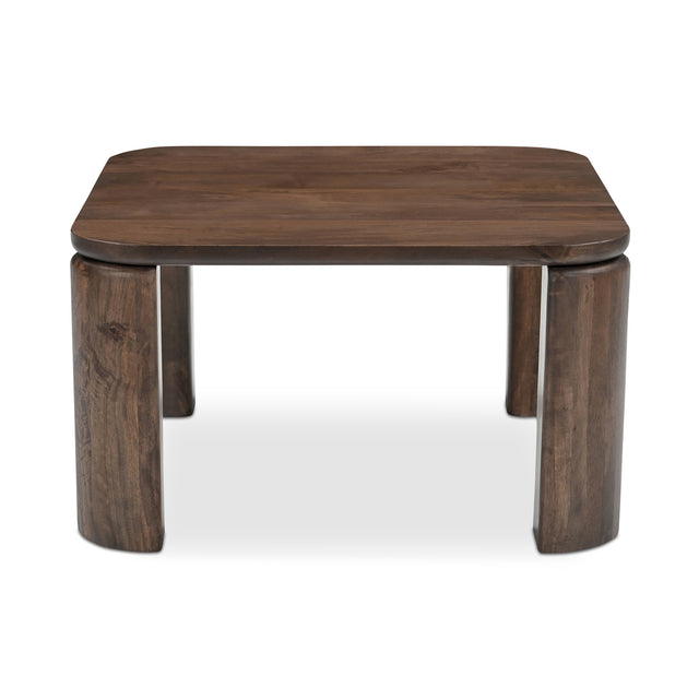 Table basse rectangulaire en bois fonce avec coins arrondis et pieds epais.