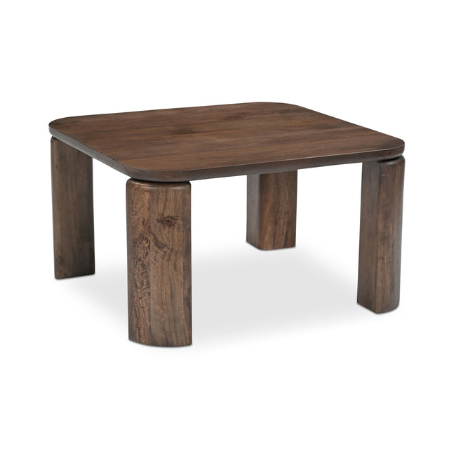 Table basse rectangulaire en bois fonce avec coins arrondis et pieds epais.