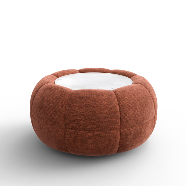 Ottoman rond terracotta avec plateau central effet marbre, design moderne sur fond neutre pour présentation produit.