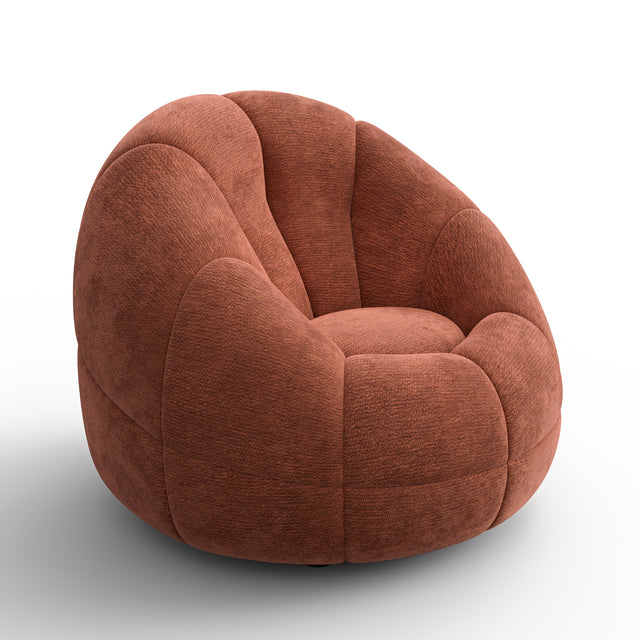 Fauteuil design arrondi terracotta en tissu, sur fond neutre.