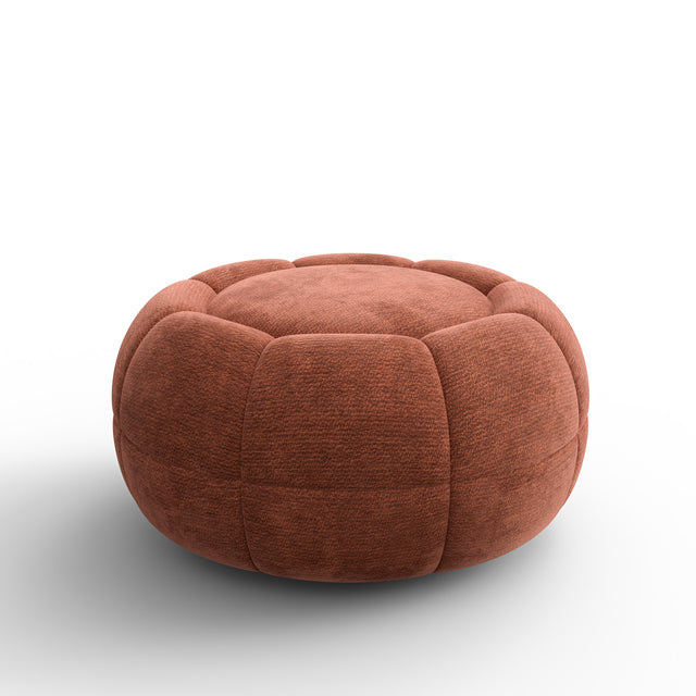 Ottoman rond terracotta en tissu, vue dessus, design capitonné pour présentation produit.