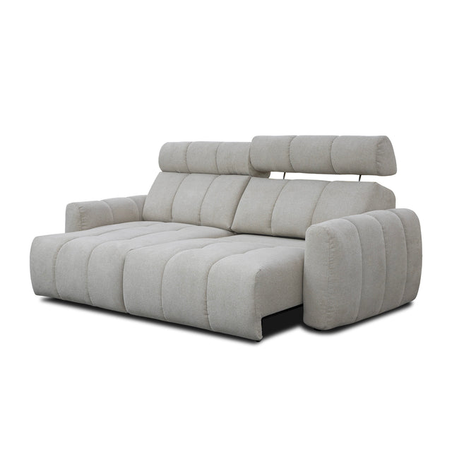 sofa modulaire en tissu gingembre, mécanisme coulissant et têtière inclinable sur fond blanc.