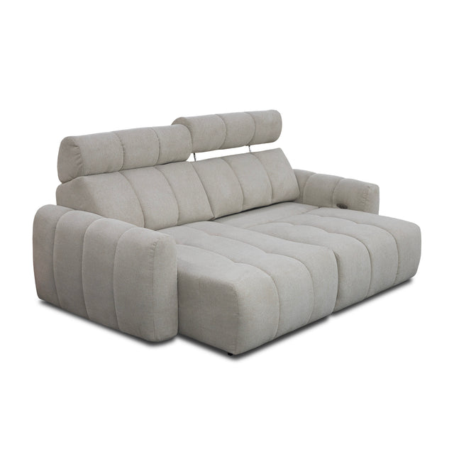 sofa modulaire en tissu gingembre, mécanisme coulissant et têtière inclinable sur fond blanc.