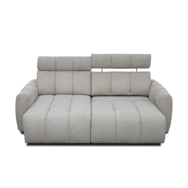 sofa modulaire en tissu gingembre, mécanisme coulissant et têtière inclinable sur fond blanc.