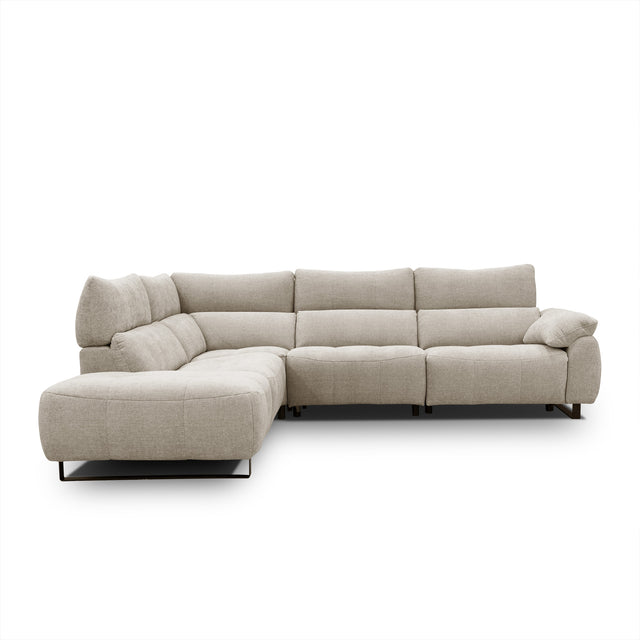 sofa modulaire en tissu sable fin, au design contemporain sur fond blanc.