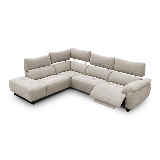 sofa modulaire en tissu sable fin, inclinable, au design contemporain sur fond blanc.