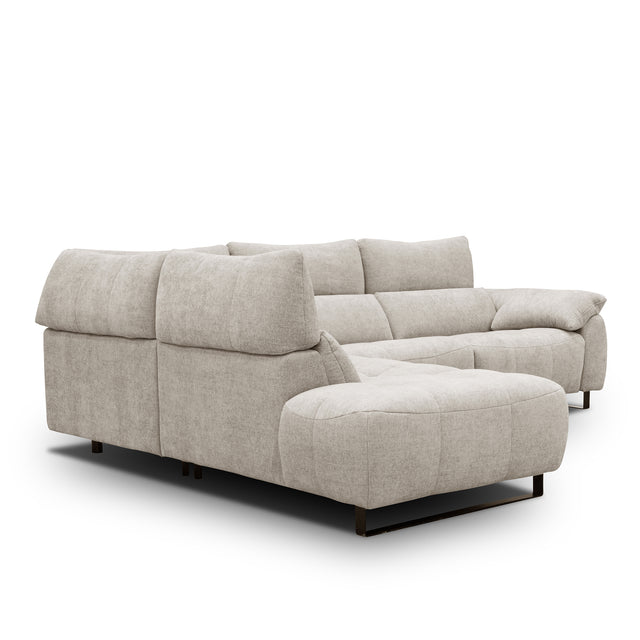 sofa modulaire en tissu sable fin, au design contemporain sur fond blanc.
