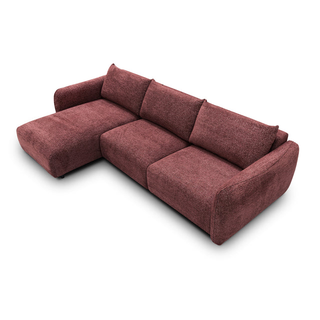 sofa modulaire en tissu bordeaux, design contemporain sur fond blanc.