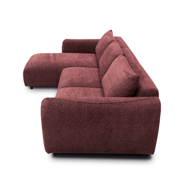 sofa modulaire en tissu bordeaux, design contemporain sur fond blanc.