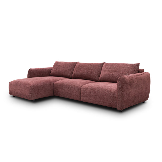 sofa modulaire en tissu bordeaux, design contemporain sur fond blanc.