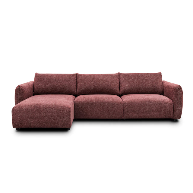 sofa modulaire en tissu bordeaux, design contemporain sur fond blanc.