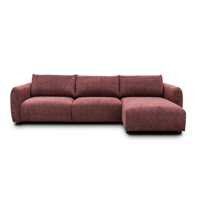sofa modulaire en tissu bordeaux, design contemporain sur fond blanc.