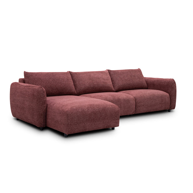 sofa modulaire en tissu bordeaux, design contemporain sur fond blanc.