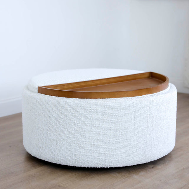 Ottoman West avec rangement en tissu bouclé ivoire et bois teinture noyer