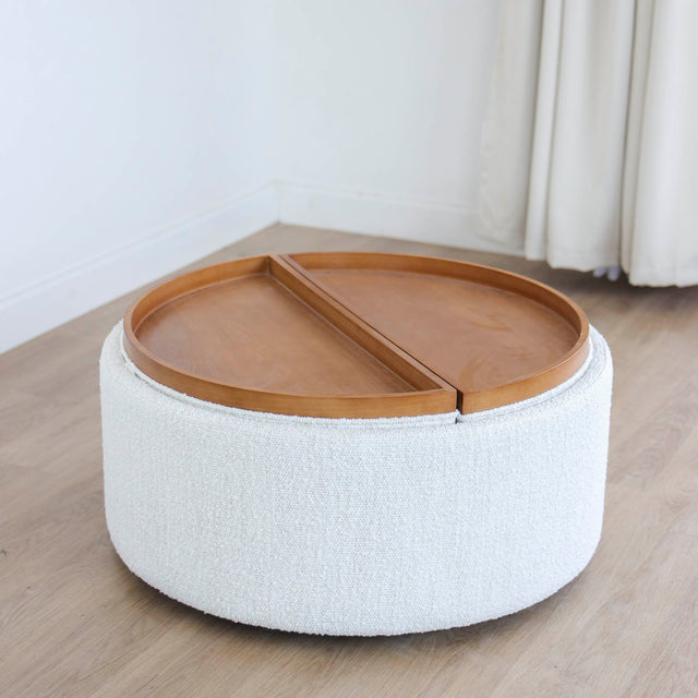 Ottoman West avec rangement en tissu bouclé ivoire et bois teinture noyer