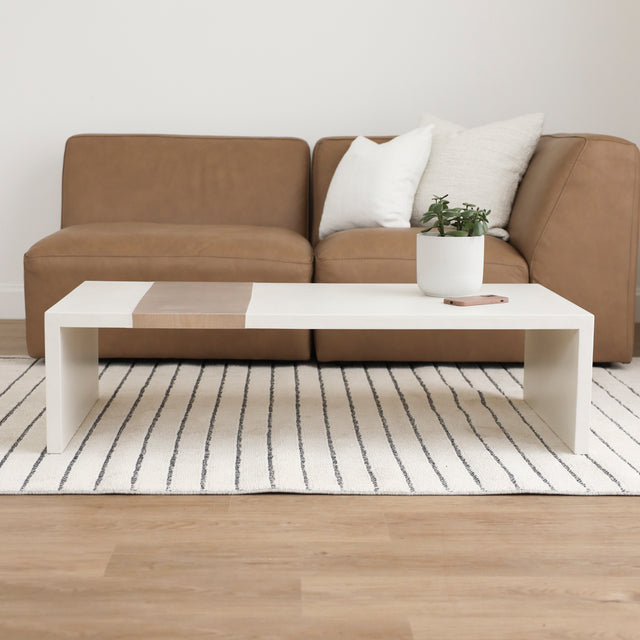 Coin de table basse blanche avec plante verte devant canape en cuir brun.