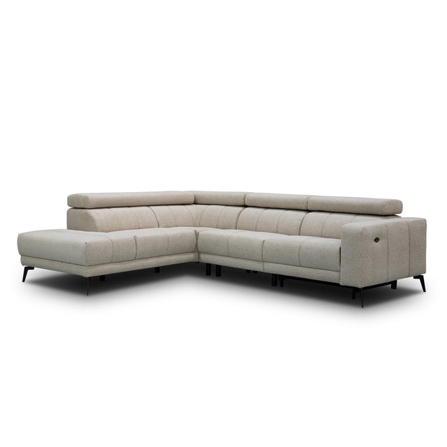 sofa modulaire en tissu greige, design moderne sur fond blanc.
