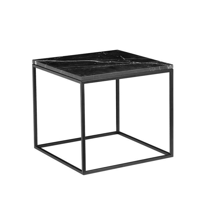 Table dappoint carre noir effet marbre avec structure metal fine et moderne.
