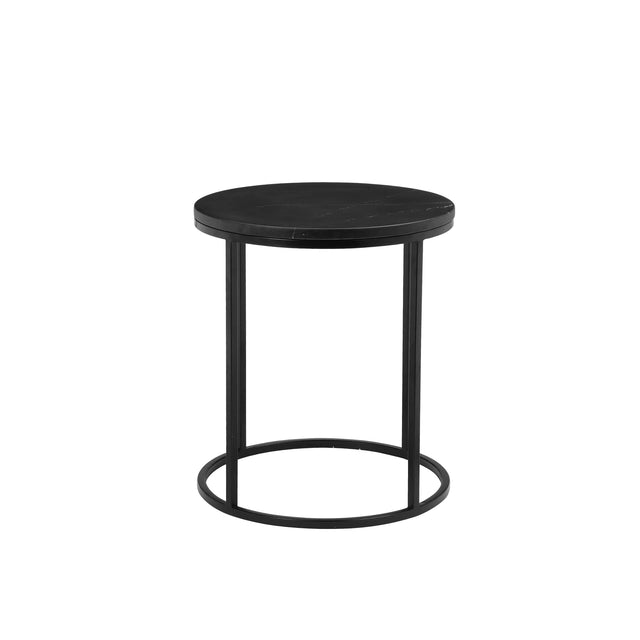 Table dappoint ronde noir effet marbre avec base circulaire en metal noir.