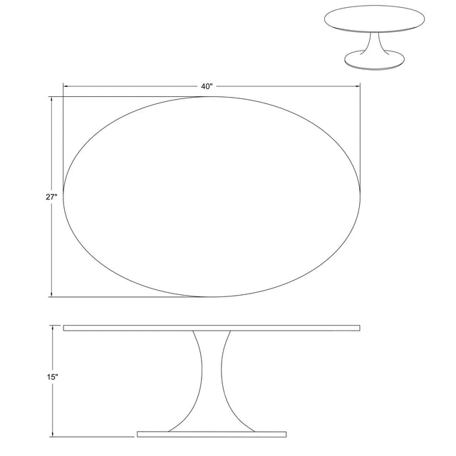 schema technique d une table basse ovale tulipe mesurant 40x27x15 pouces.