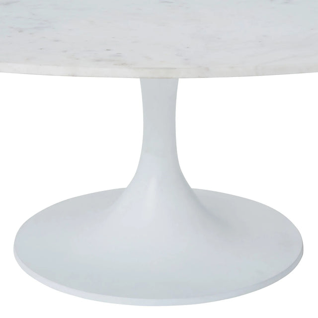 pied central blanc en forme de tulipe d une table basse en marbre moderne.