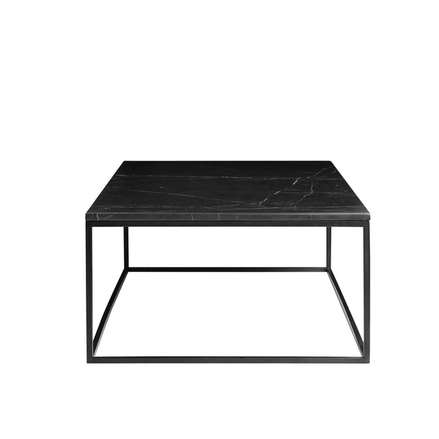 Table basse carre noir effet marbre avec structure metal minimaliste vue de face.