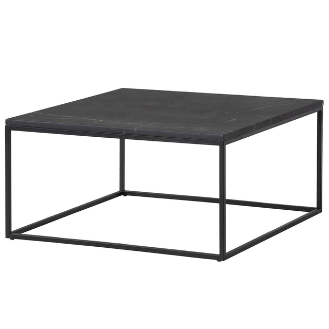 Table basse carre design industriel avec plateau noir effet marbre et structure metal noir.
