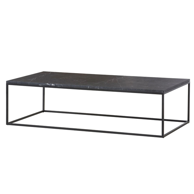 Table basse rectangulaire noir effet marbre avec structure fine en metal noir.
