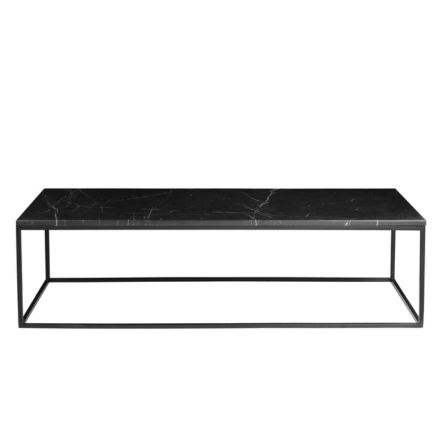 Table basse rectangulaire noir effet marbre avec structure fine en metal noir.