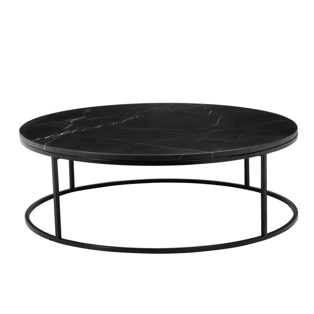 Plateau rond noir effet marbre avec veines blanches et structure metal fine moderne.