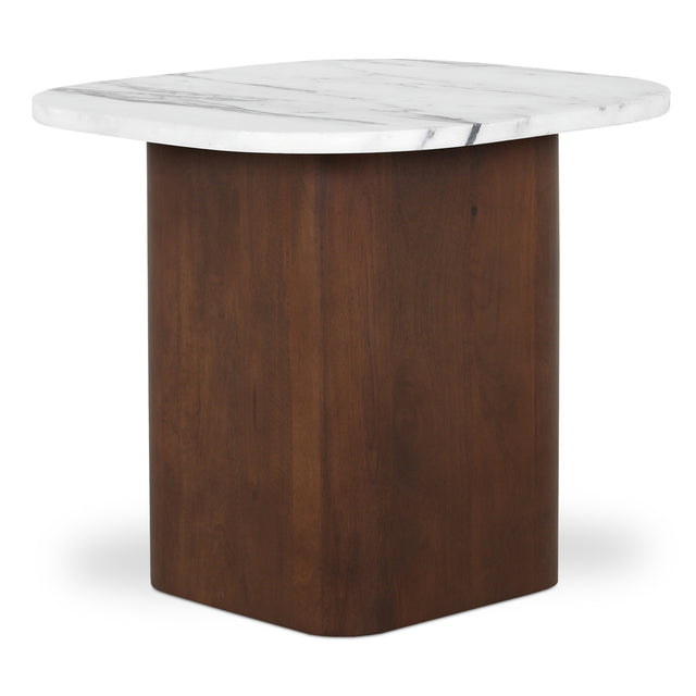 table d appoint moderne avec plateau en marbre blanc et base en bois fonce elegant.