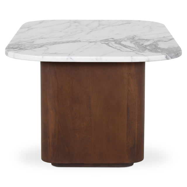 table d appoint moderne avec plateau en marbre blanc et base en bois fonce elegant.