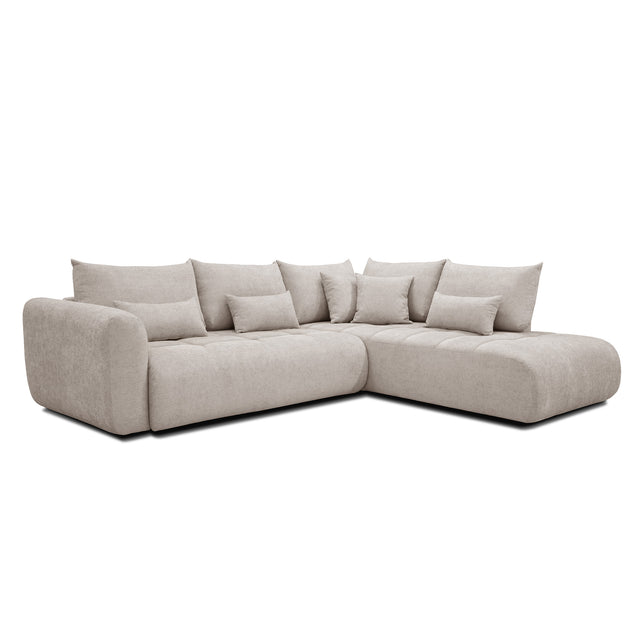 sofa modulaire en tissu sable fin, design contemporain sur fond blanc.