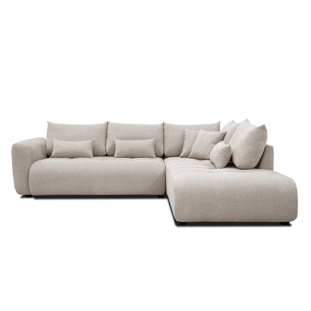 sofa modulaire en tissu sable fin, design contemporain sur fond blanc.