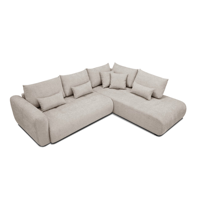 sofa modulaire en tissu sable fin, design contemporain sur fond blanc.