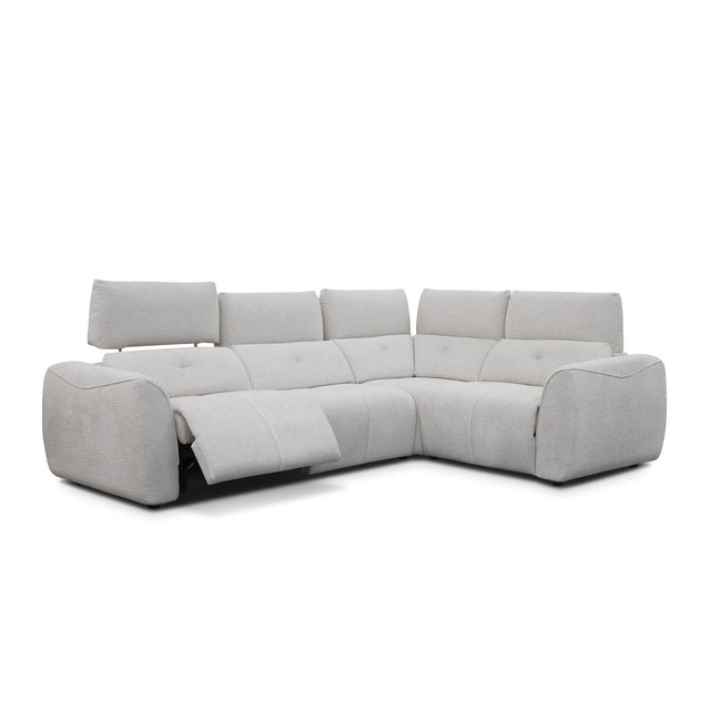 sofa modulaire en tissu givré greige, inclinable, design contemporain sur fond blanc.
