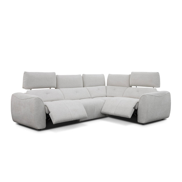 sofa modulaire en tissu givré greige, inclinable, design contemporain sur fond blanc.