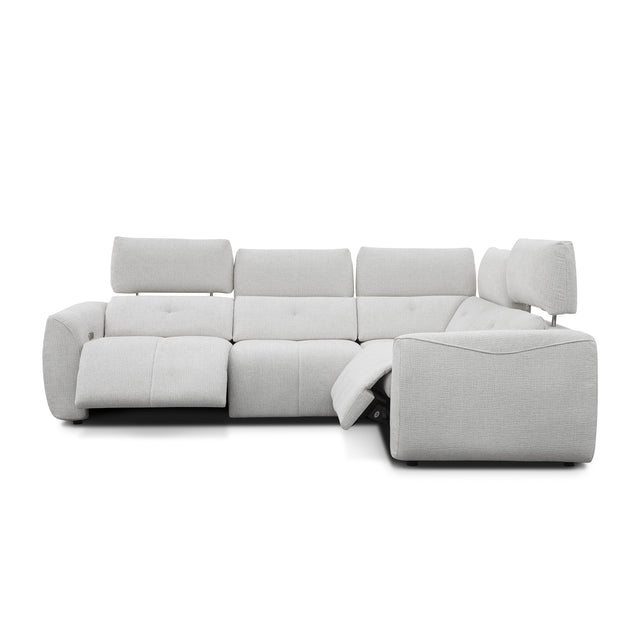 sofa modulaire en tissu givré greige, inclinable, design contemporain sur fond blanc.