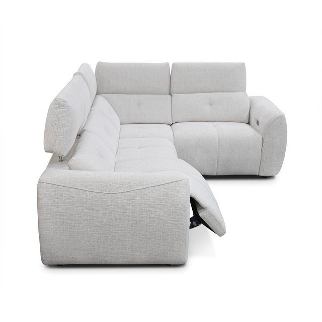 sofa modulaire en tissu givré greige, inclinable, design contemporain sur fond blanc.
