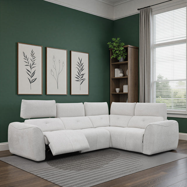 sofa modulaire en tissu givré greige, inclinable, installé dans un salon élégant et chaleureux.